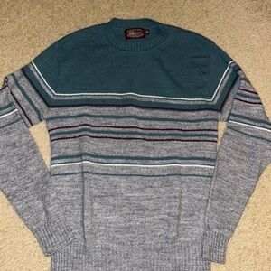 Vintage Men's Teal and Gray Striped Sweater